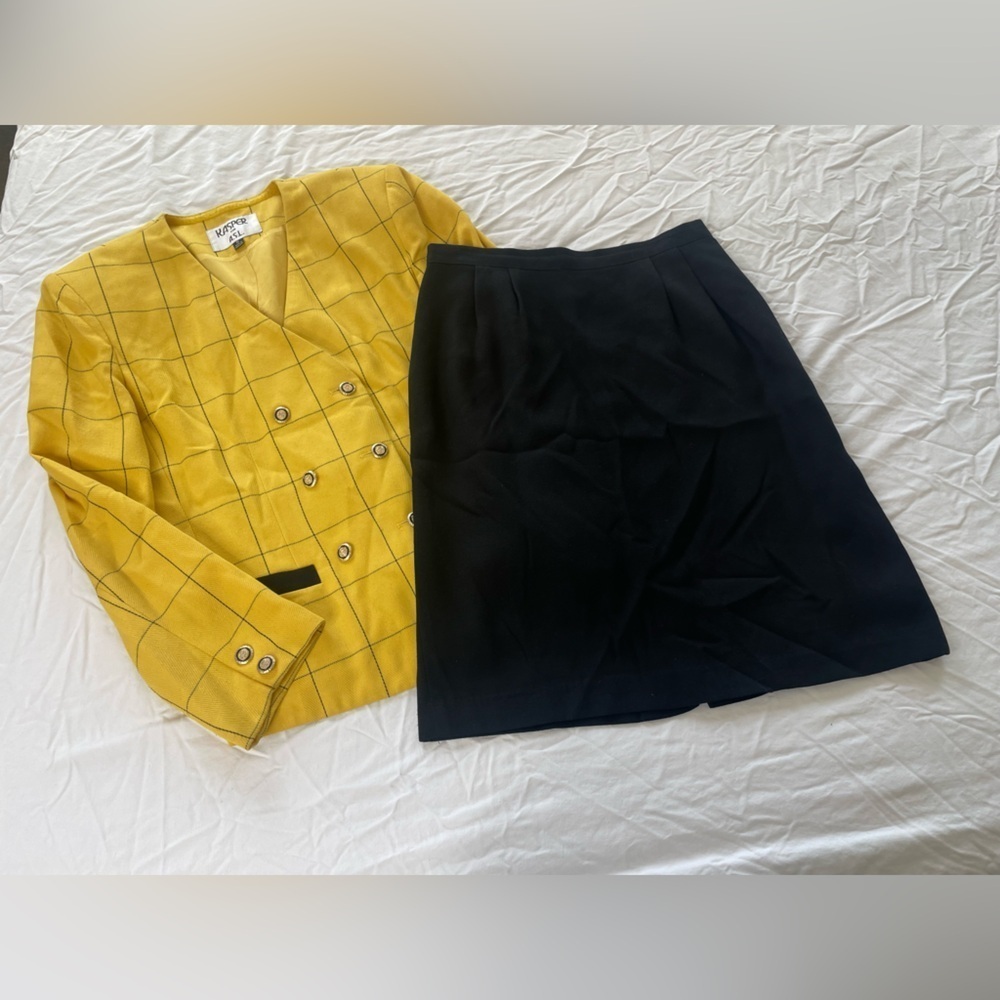 Vintage‎ Kasper Skirt Suit Set Yellow Windowpane Blazer & Black Pencil Skirt | 6